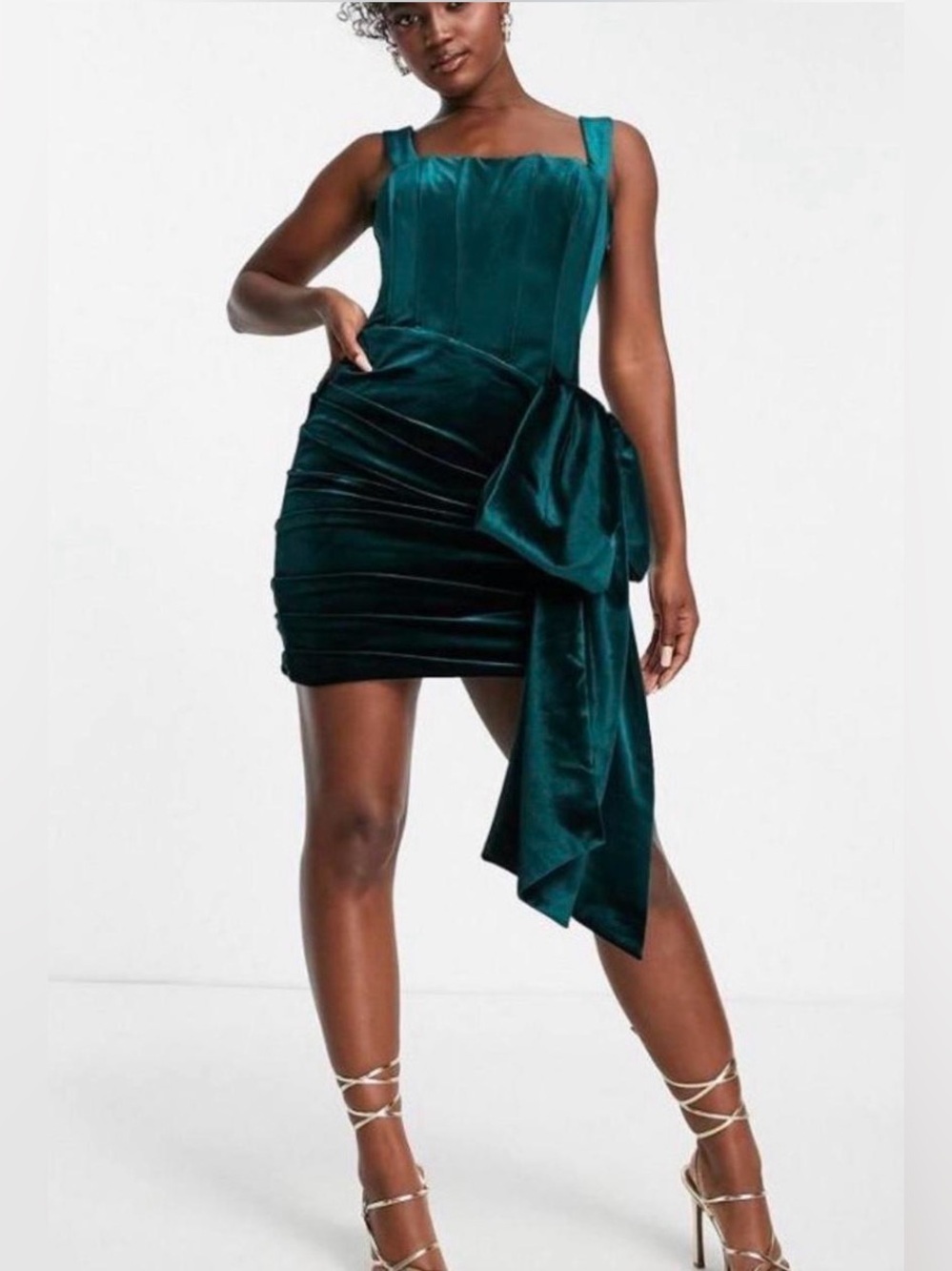 Ever New Green Satin Ruched Bow Midi Dress